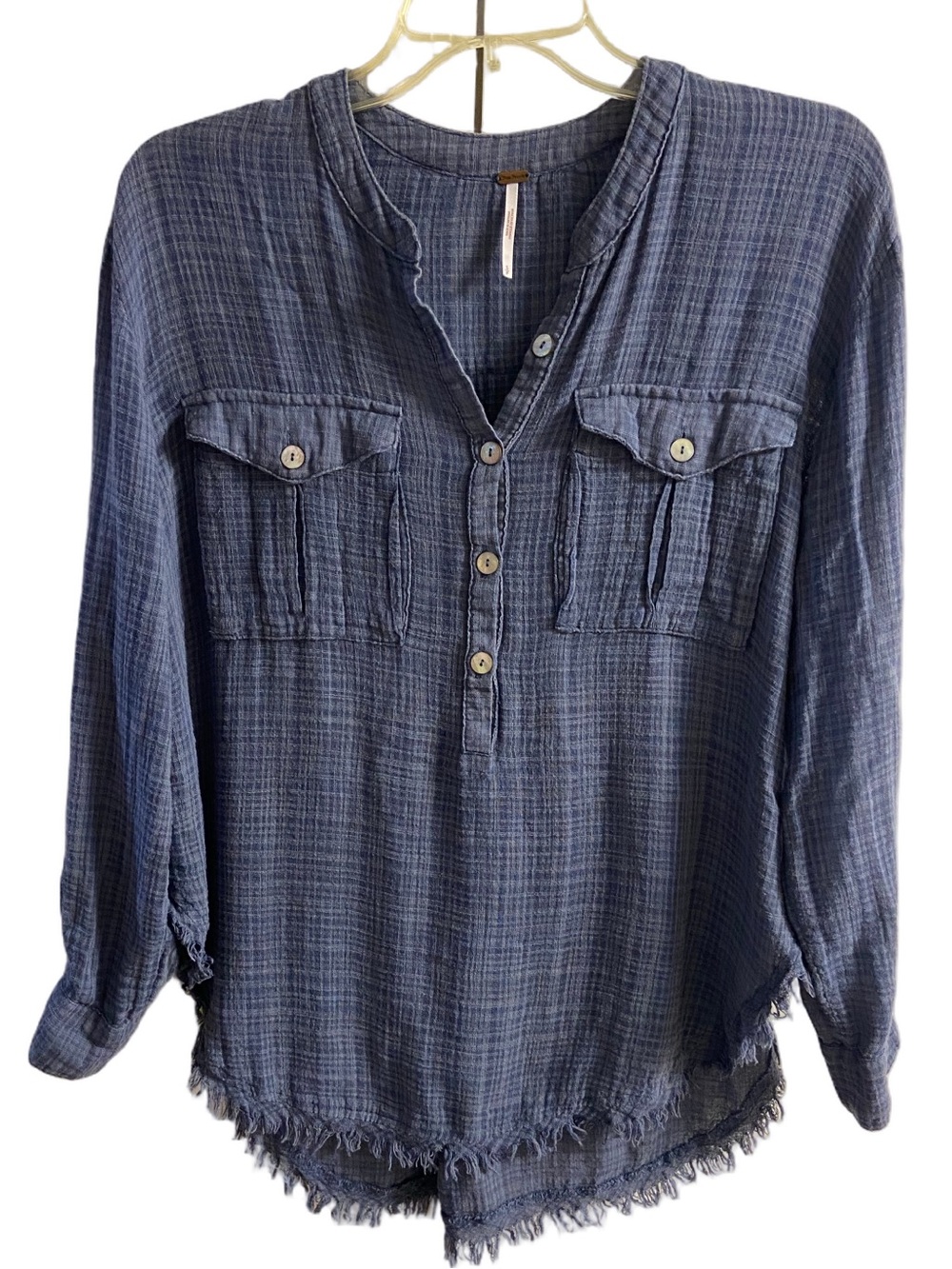 Free People Blue Gauze Henley Tunic Top Frayed Raw Hem Relaxed Fit Small